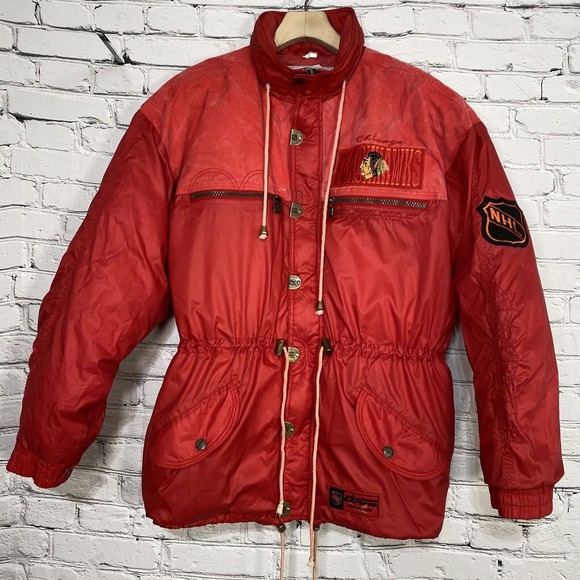 Chicago Blackhawks‎ CAMPRI TEAMLINE Long Puffer Down Jacket Size L Vintage 90s - Picture 1 of 16